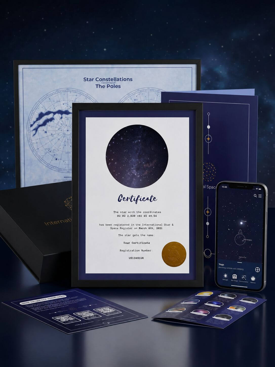 Star-Naming product composition with name a star certificate, universe star finder app, xxl star poster, gift box and gift folder